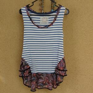 Anthropologie Blue and White Striped Tank with Paisley Trim